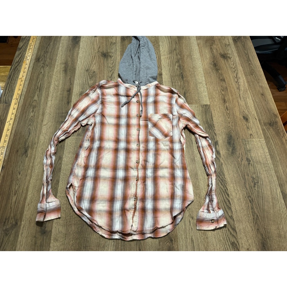 Mudd Hooded Plaid Shirt Womens Medium Pink Brown Plaid Flannel Hoodie Excellent